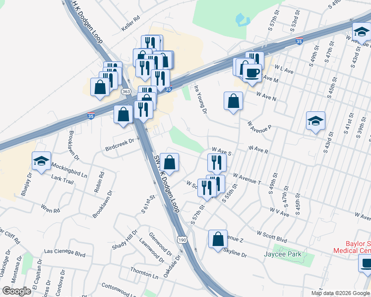 map of restaurants, bars, coffee shops, grocery stores, and more near 3208 West Avenue T in Temple