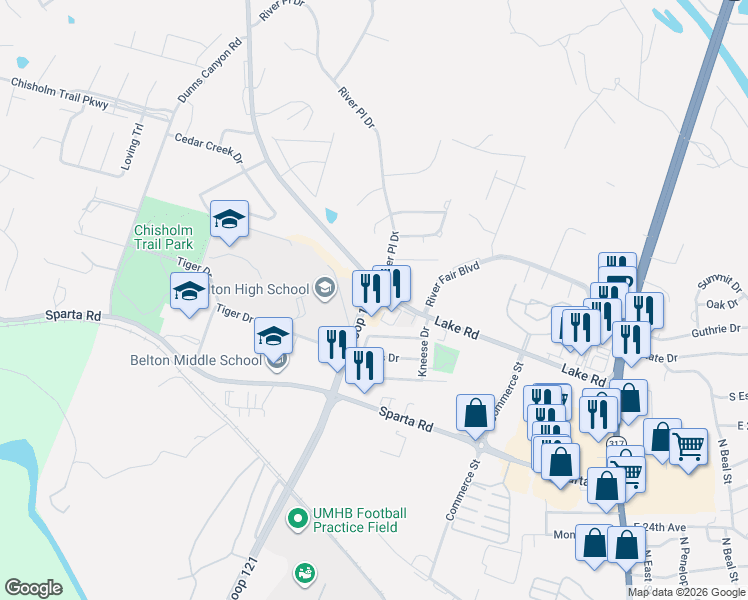 map of restaurants, bars, coffee shops, grocery stores, and more near 971 Lake Road in Belton