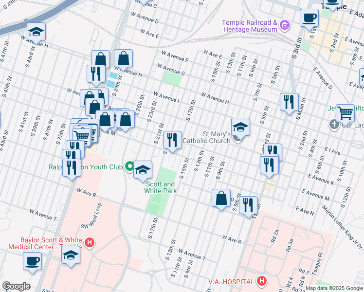 map of restaurants, bars, coffee shops, grocery stores, and more near 1118 South 17th Street in Temple