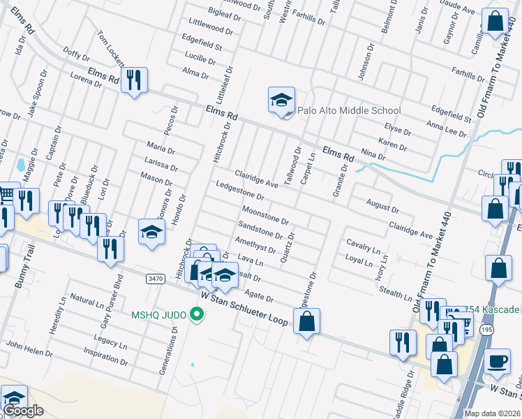 map of restaurants, bars, coffee shops, grocery stores, and more near 2202 Ledgestone Drive in Killeen