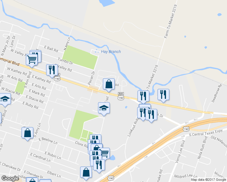 map of restaurants, bars, coffee shops, grocery stores, and more near 521 Valley Road in Harker Heights