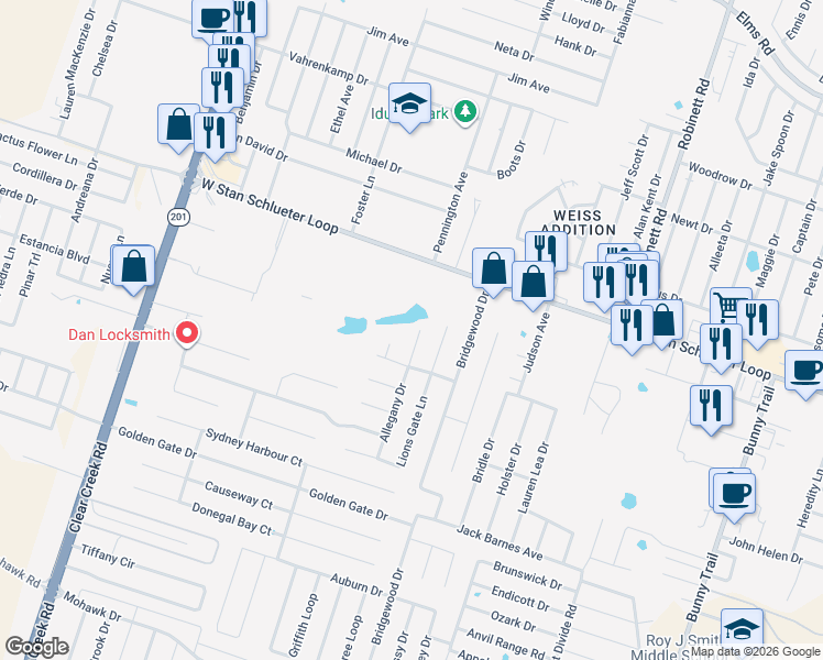 map of restaurants, bars, coffee shops, grocery stores, and more near 4909 Allegany Drive in Killeen