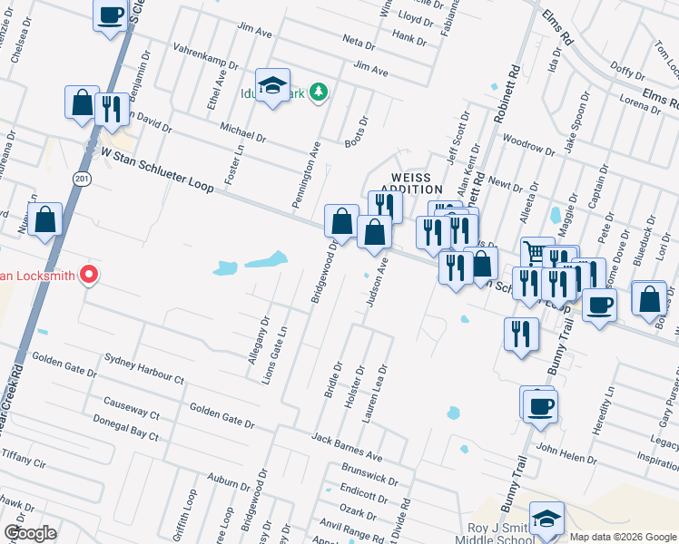 map of restaurants, bars, coffee shops, grocery stores, and more near 4903 Williamette Lane in Killeen