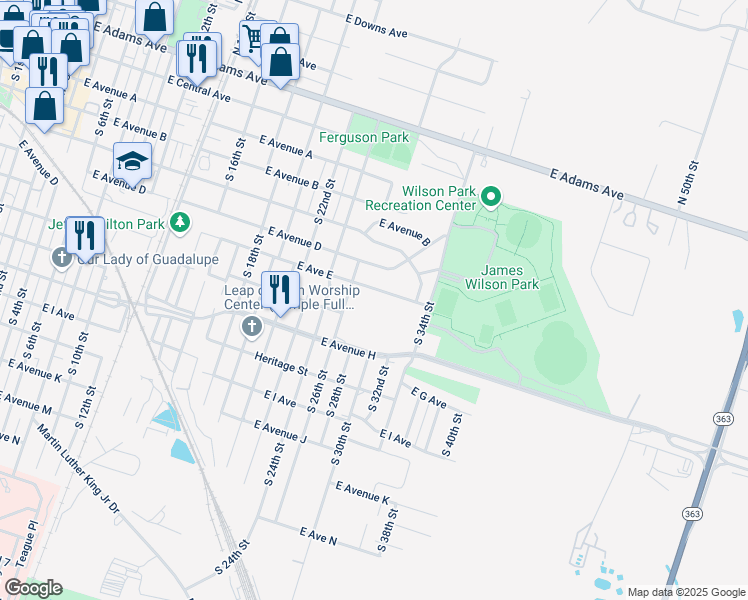 map of restaurants, bars, coffee shops, grocery stores, and more near 1509 E Avenue E in Temple