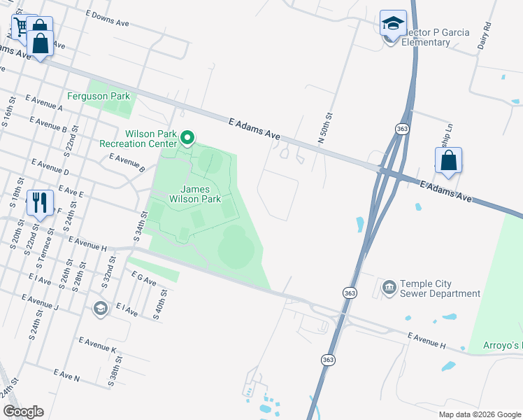 map of restaurants, bars, coffee shops, grocery stores, and more near 1909 Curtis B Elliot Drive in Temple