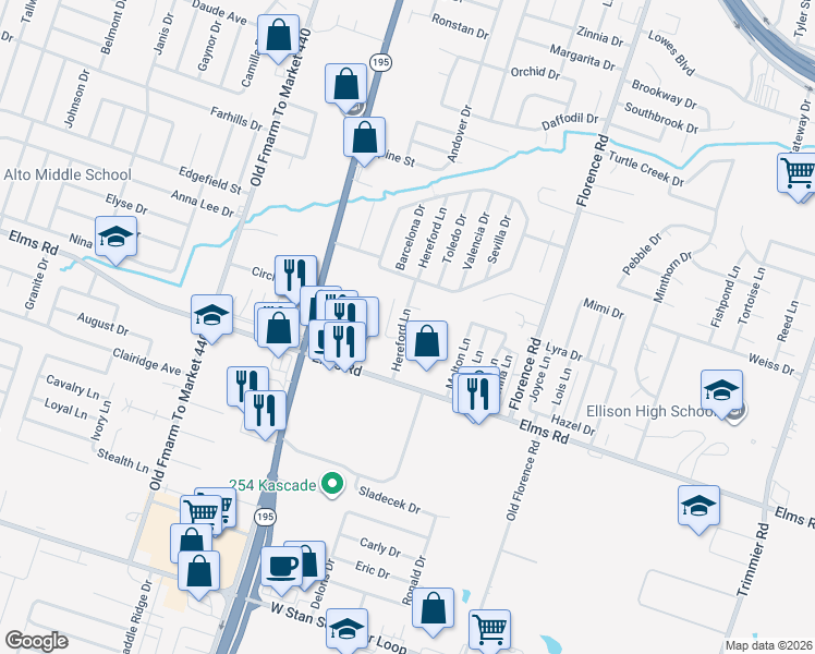 map of restaurants, bars, coffee shops, grocery stores, and more near 3707 Hereford Lane in Killeen