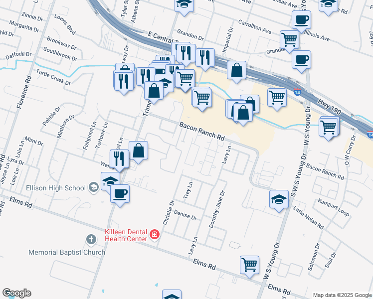 map of restaurants, bars, coffee shops, grocery stores, and more near 1700 Bacon Ranch Road in Killeen