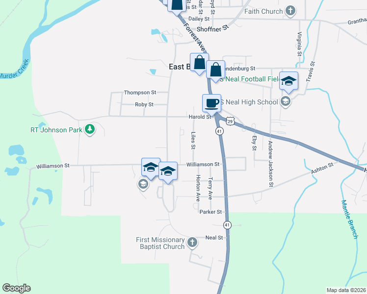 map of restaurants, bars, coffee shops, grocery stores, and more near 118 Liles Street in Brewton