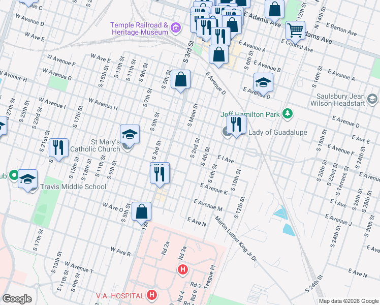 map of restaurants, bars, coffee shops, grocery stores, and more near 902 South 2nd Street in Temple
