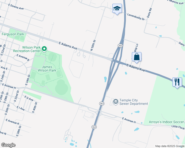 map of restaurants, bars, coffee shops, grocery stores, and more near 101 North 50th Street in Temple
