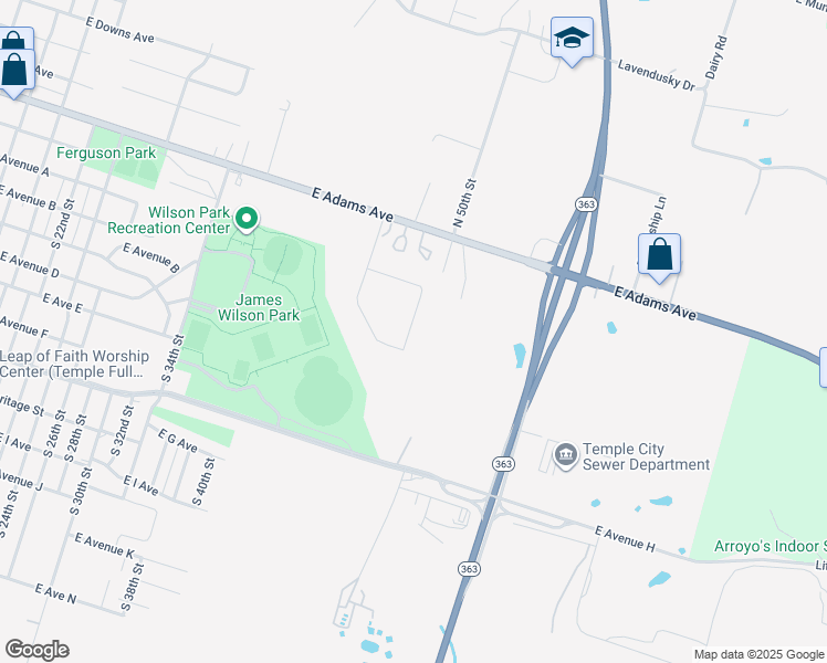 map of restaurants, bars, coffee shops, grocery stores, and more near 101 South 50th Street in Temple