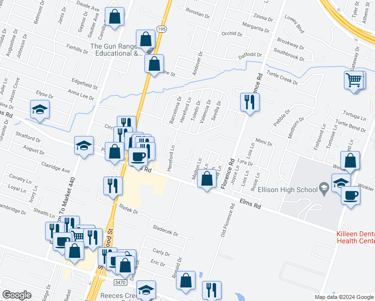 map of restaurants, bars, coffee shops, grocery stores, and more near 502 Angus Circle in Killeen