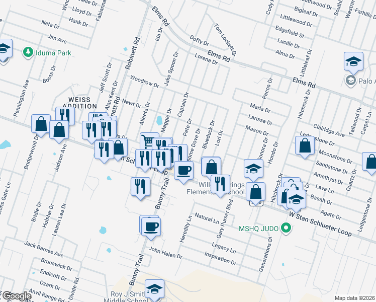 map of restaurants, bars, coffee shops, grocery stores, and more near 4504 Pete Drive in Killeen
