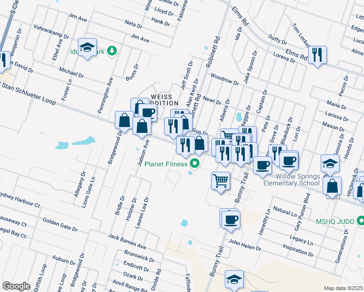 map of restaurants, bars, coffee shops, grocery stores, and more near W Stan Schlueter Loop & Robinett Rd in Killeen