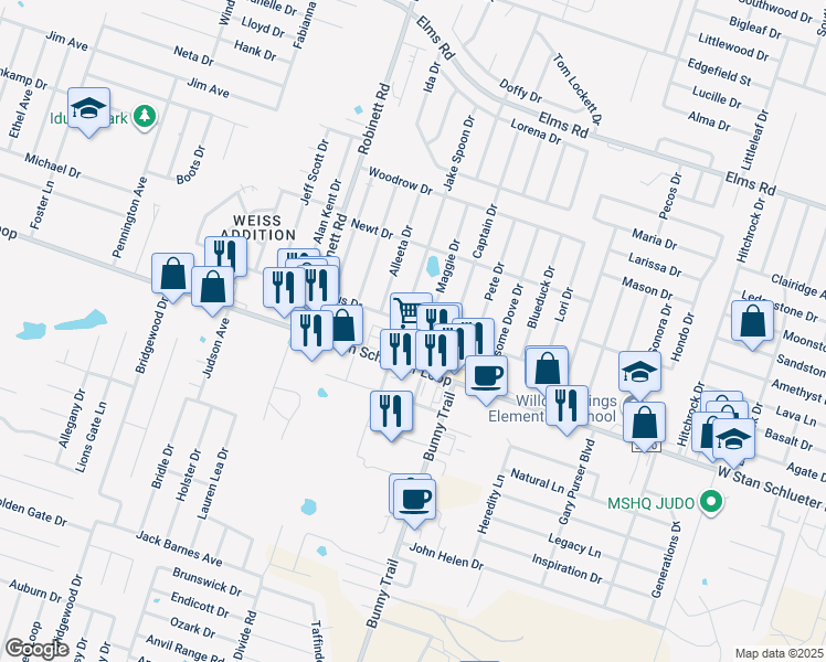 map of restaurants, bars, coffee shops, grocery stores, and more near 3504 Gus Drive in Killeen