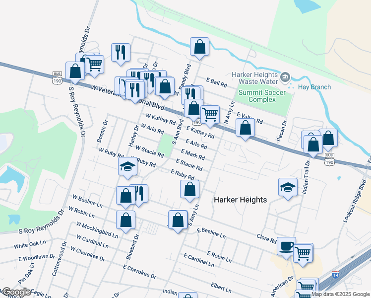 map of restaurants, bars, coffee shops, grocery stores, and more near 103 East Mark Road in Harker Heights
