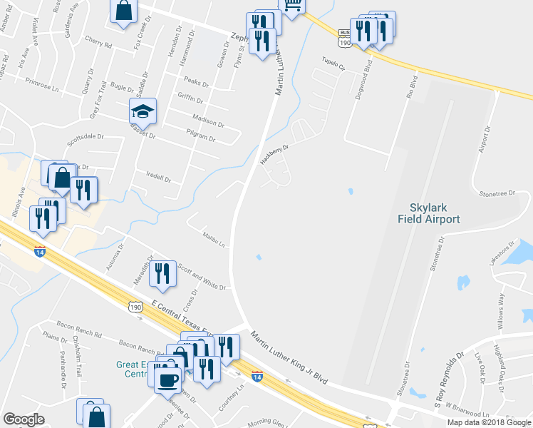 map of restaurants, bars, coffee shops, grocery stores, and more near 2102 Martin Luther King Junior Boulevard in Killeen