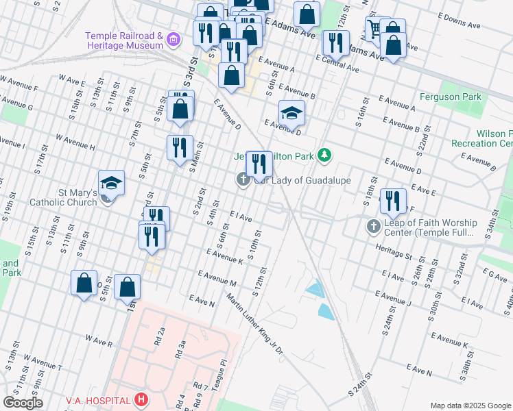 map of restaurants, bars, coffee shops, grocery stores, and more near 707 Martin Luther King Junior Drive in Temple