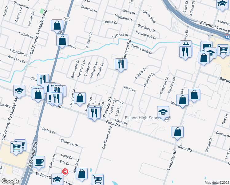 map of restaurants, bars, coffee shops, grocery stores, and more near 3502 Florence Road in Killeen