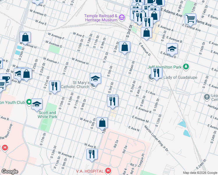 map of restaurants, bars, coffee shops, grocery stores, and more near 1002 South 3rd Street in Temple