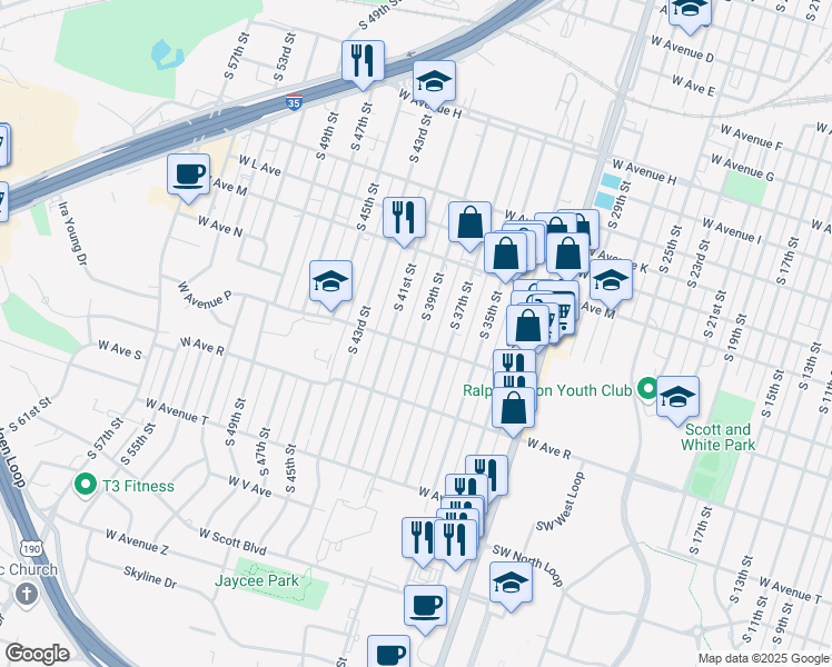 map of restaurants, bars, coffee shops, grocery stores, and more near 1516 South 39th Street in Temple