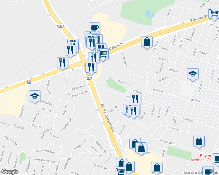 map of restaurants, bars, coffee shops, grocery stores, and more near 3208 West Avenue T in Temple