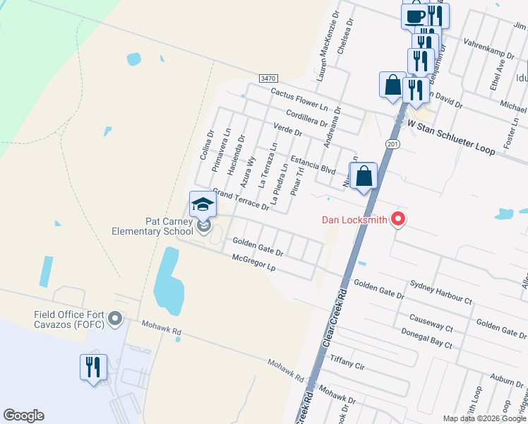 map of restaurants, bars, coffee shops, grocery stores, and more near 6100 Grand Terrace Drive in Killeen