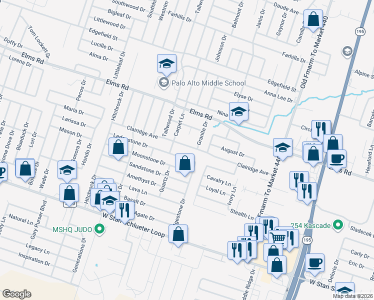 map of restaurants, bars, coffee shops, grocery stores, and more near 1606 Clairidge Avenue in Killeen