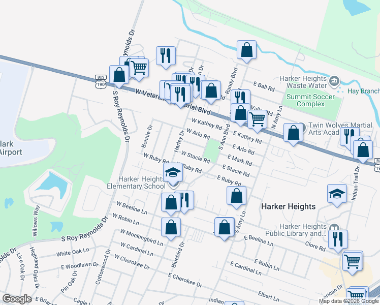 map of restaurants, bars, coffee shops, grocery stores, and more near 116 West Mark Road in Harker Heights