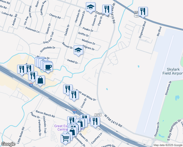 map of restaurants, bars, coffee shops, grocery stores, and more near 2109 Martin Luther King Junior Boulevard in Killeen