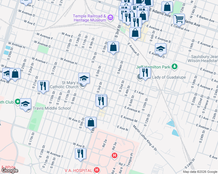 map of restaurants, bars, coffee shops, grocery stores, and more near 913 South 1st Street in Temple