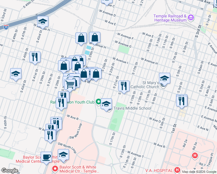 map of restaurants, bars, coffee shops, grocery stores, and more near 1213 South 23rd Street in Temple