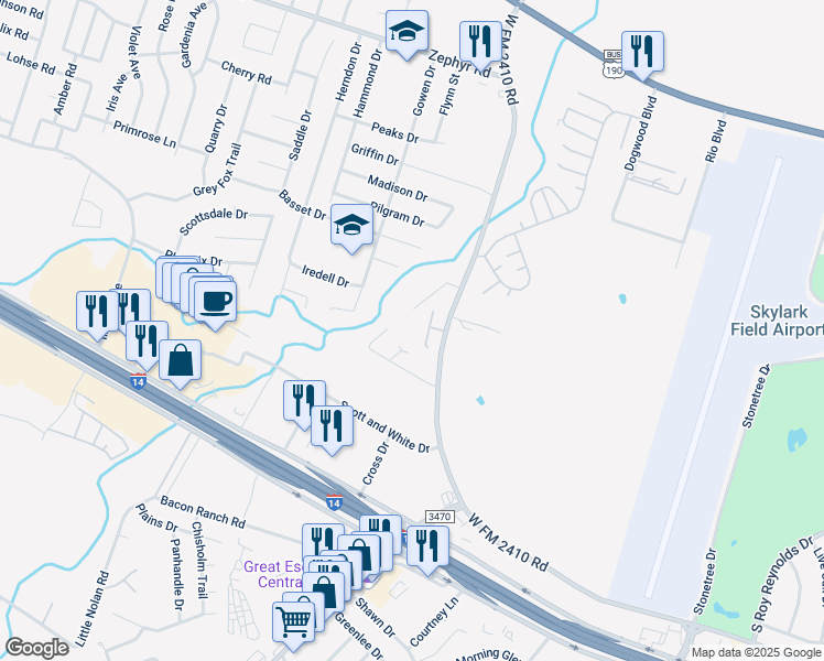 map of restaurants, bars, coffee shops, grocery stores, and more near 2109 Martin Luther King Junior Boulevard in Killeen