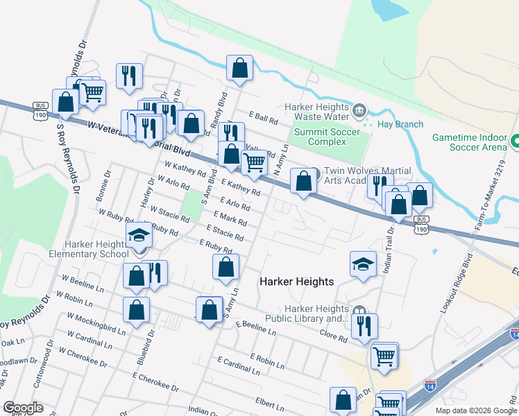 map of restaurants, bars, coffee shops, grocery stores, and more near 125 East Arlo Road in Harker Heights