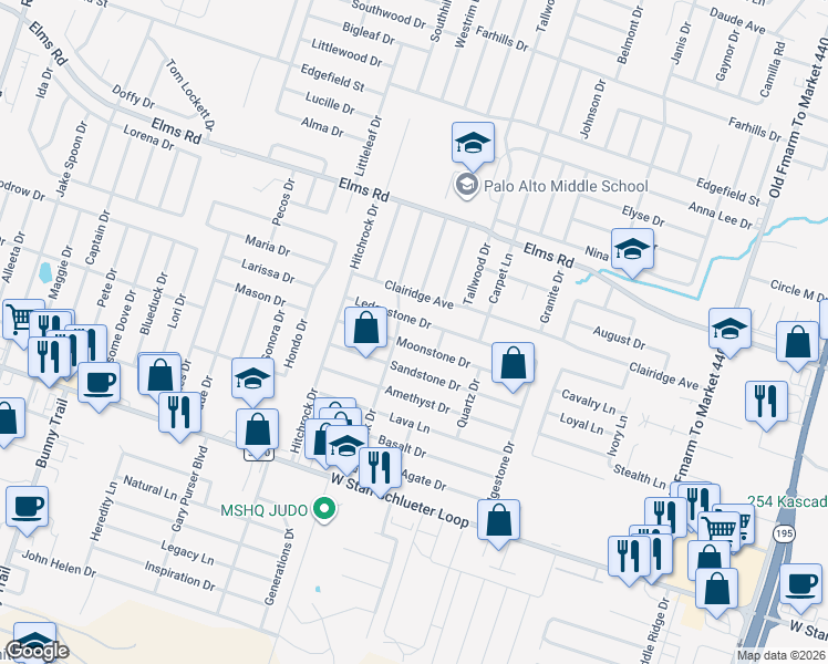 map of restaurants, bars, coffee shops, grocery stores, and more near 2202 Ledgestone Drive in Killeen