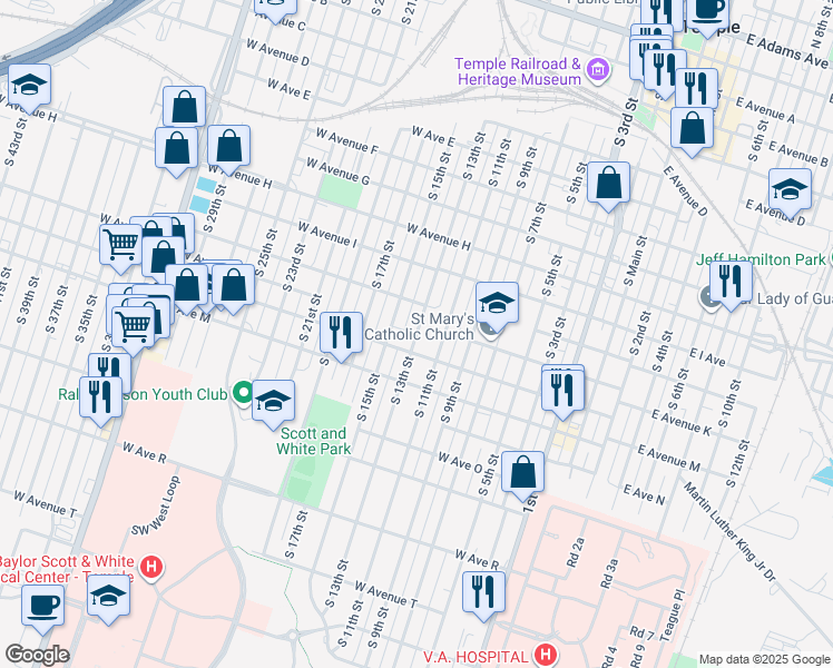 map of restaurants, bars, coffee shops, grocery stores, and more near West K Avenue in Temple