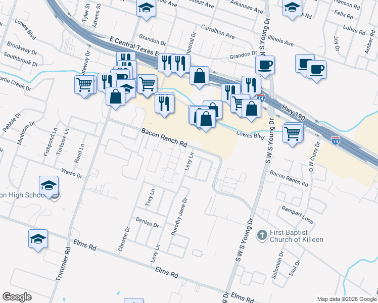 map of restaurants, bars, coffee shops, grocery stores, and more near 2903 Levy Lane in Killeen