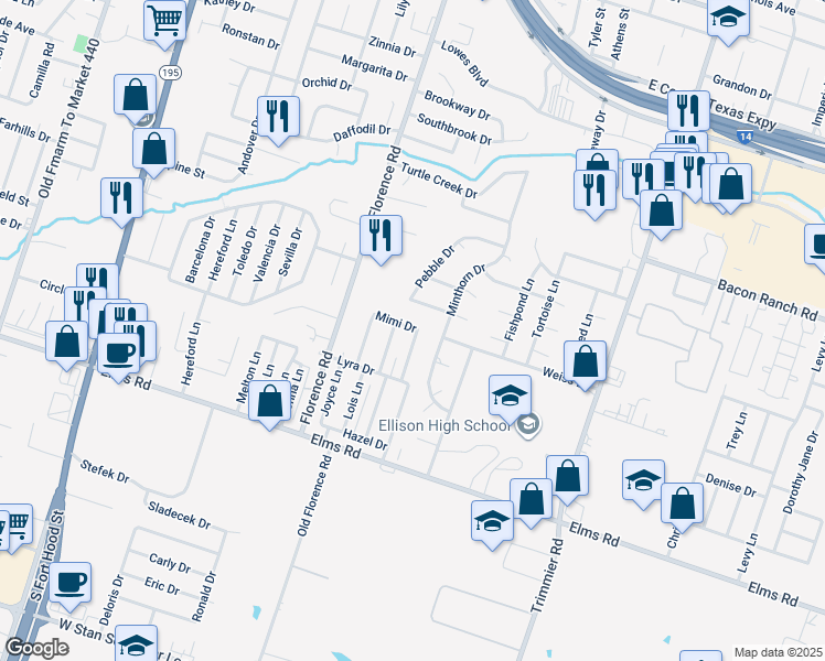 map of restaurants, bars, coffee shops, grocery stores, and more near 139 Brenda Lane in Killeen