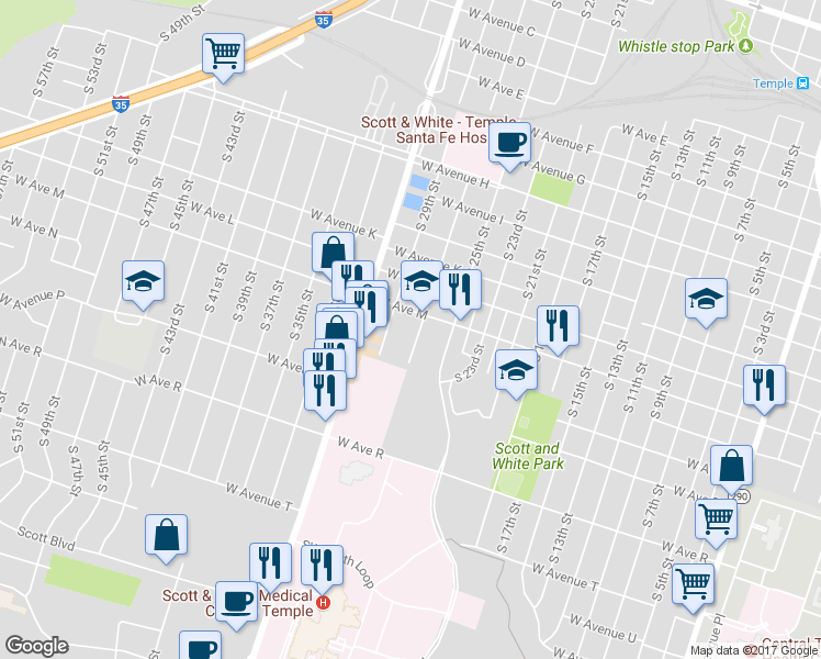 map of restaurants, bars, coffee shops, grocery stores, and more near 1306 South 27th Street in Temple