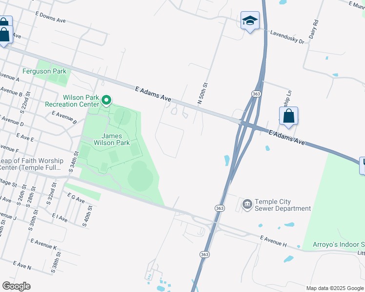 map of restaurants, bars, coffee shops, grocery stores, and more near 101 South 50th Street in Temple