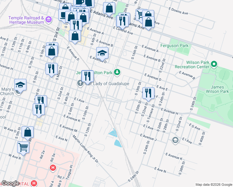 map of restaurants, bars, coffee shops, grocery stores, and more near 708 Luna Lane in Temple