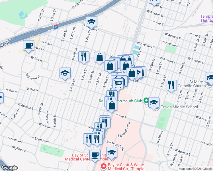 map of restaurants, bars, coffee shops, grocery stores, and more near 1405 South 35th Street in Temple