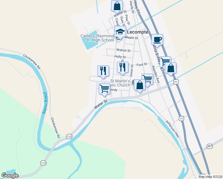 map of restaurants, bars, coffee shops, grocery stores, and more near 1701 Gordy in Lecompte
