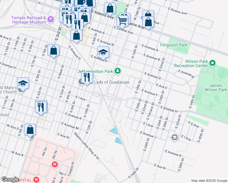 map of restaurants, bars, coffee shops, grocery stores, and more near 708 Luna Lane in Temple