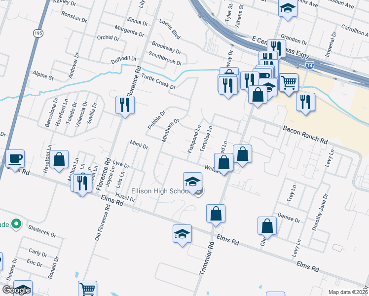 map of restaurants, bars, coffee shops, grocery stores, and more near 605 Shad Circle in Killeen