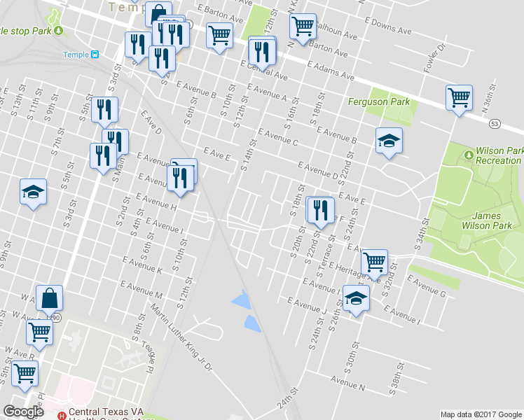 map of restaurants, bars, coffee shops, grocery stores, and more near 704 South Henderson Street in Temple