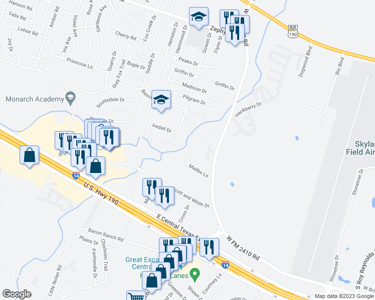 map of restaurants, bars, coffee shops, grocery stores, and more near 3511 Malibu Lane in Killeen