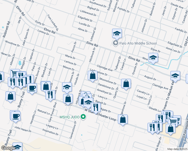 map of restaurants, bars, coffee shops, grocery stores, and more near 2307 Moonstone Drive in Killeen