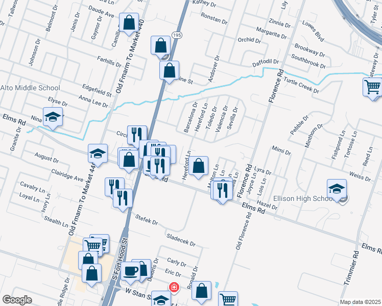 map of restaurants, bars, coffee shops, grocery stores, and more near 3707 Hereford Lane in Killeen