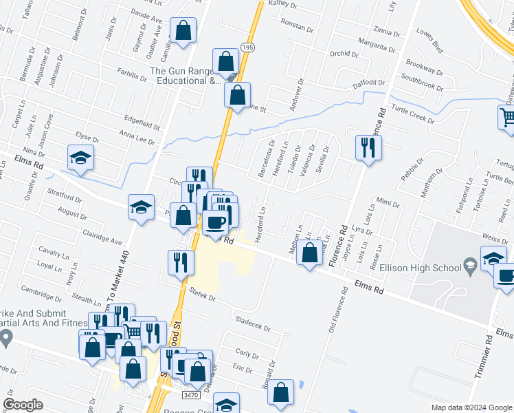 map of restaurants, bars, coffee shops, grocery stores, and more near 3707 Hereford Lane in Killeen